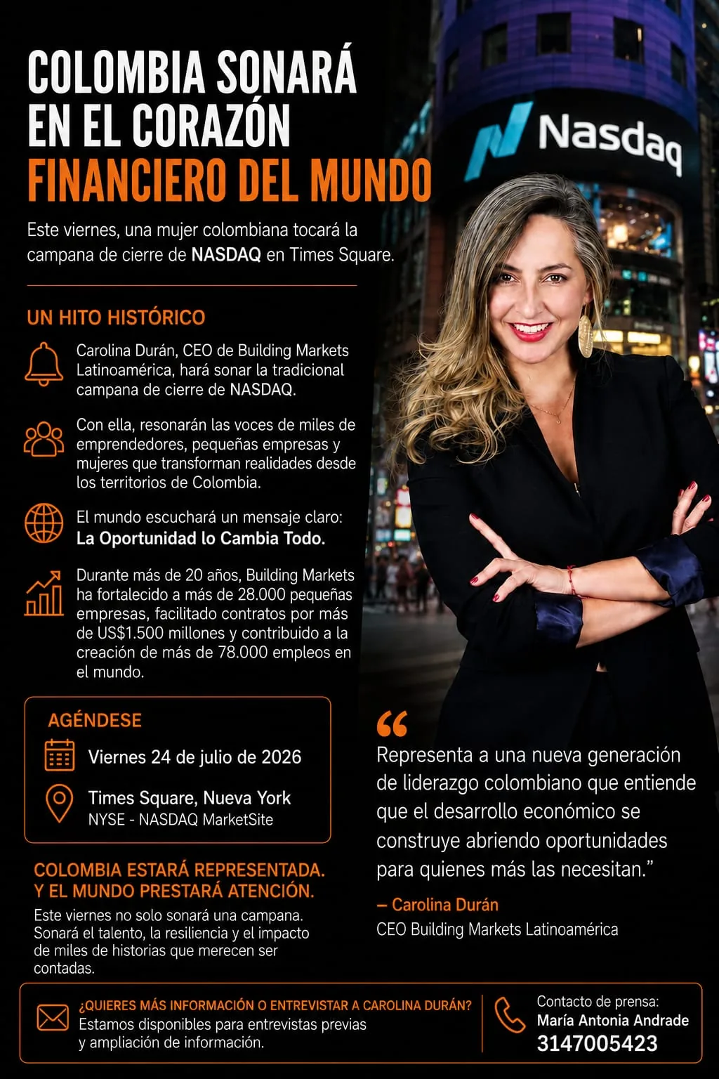 Colombiana Hará Historia Este Viernes al Liderar el Cierre Bursátil en NASDAQ.